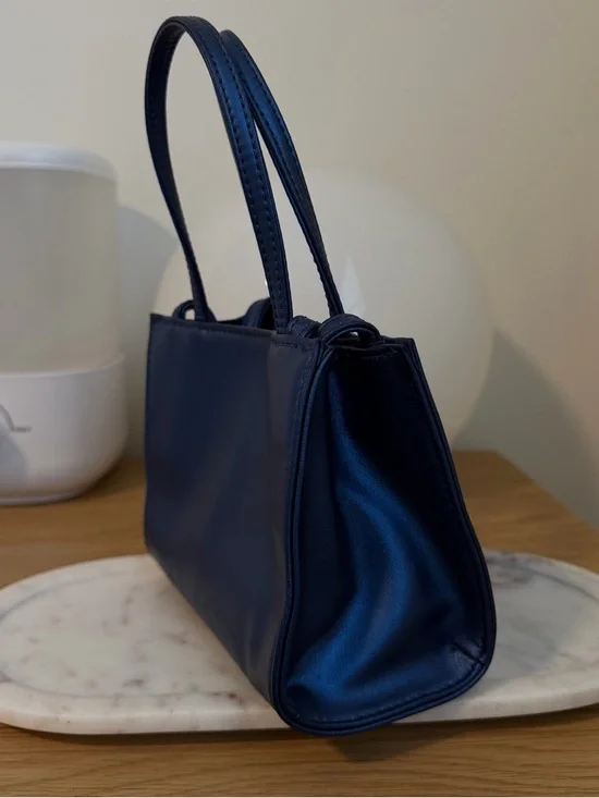 Telfar Small Metallic Navy Shopping Bag - Women's Leather Tote - Picture 4 of 6